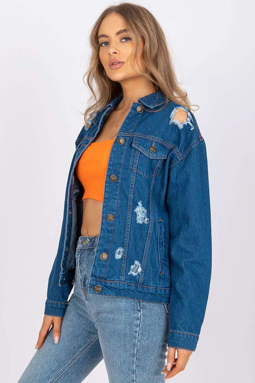 Classic blue jacket with holes, 97% cotton, suitable for everyday styling.