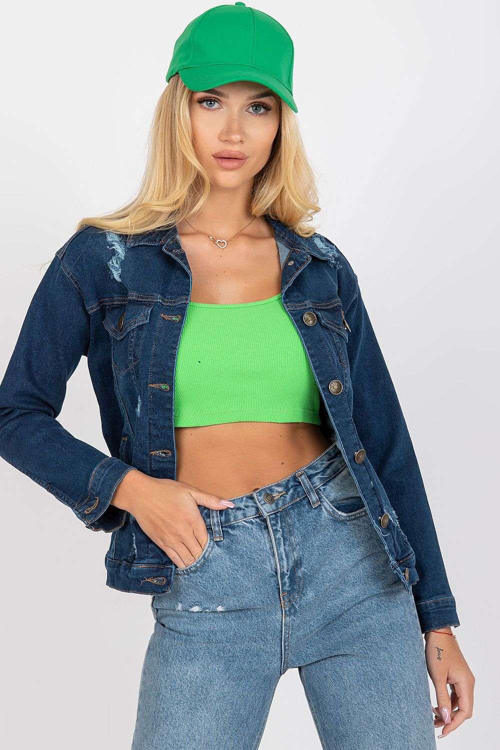 Classic blue jacket with holes, 97% cotton, 3% elastane, suitable for everyday styling.
