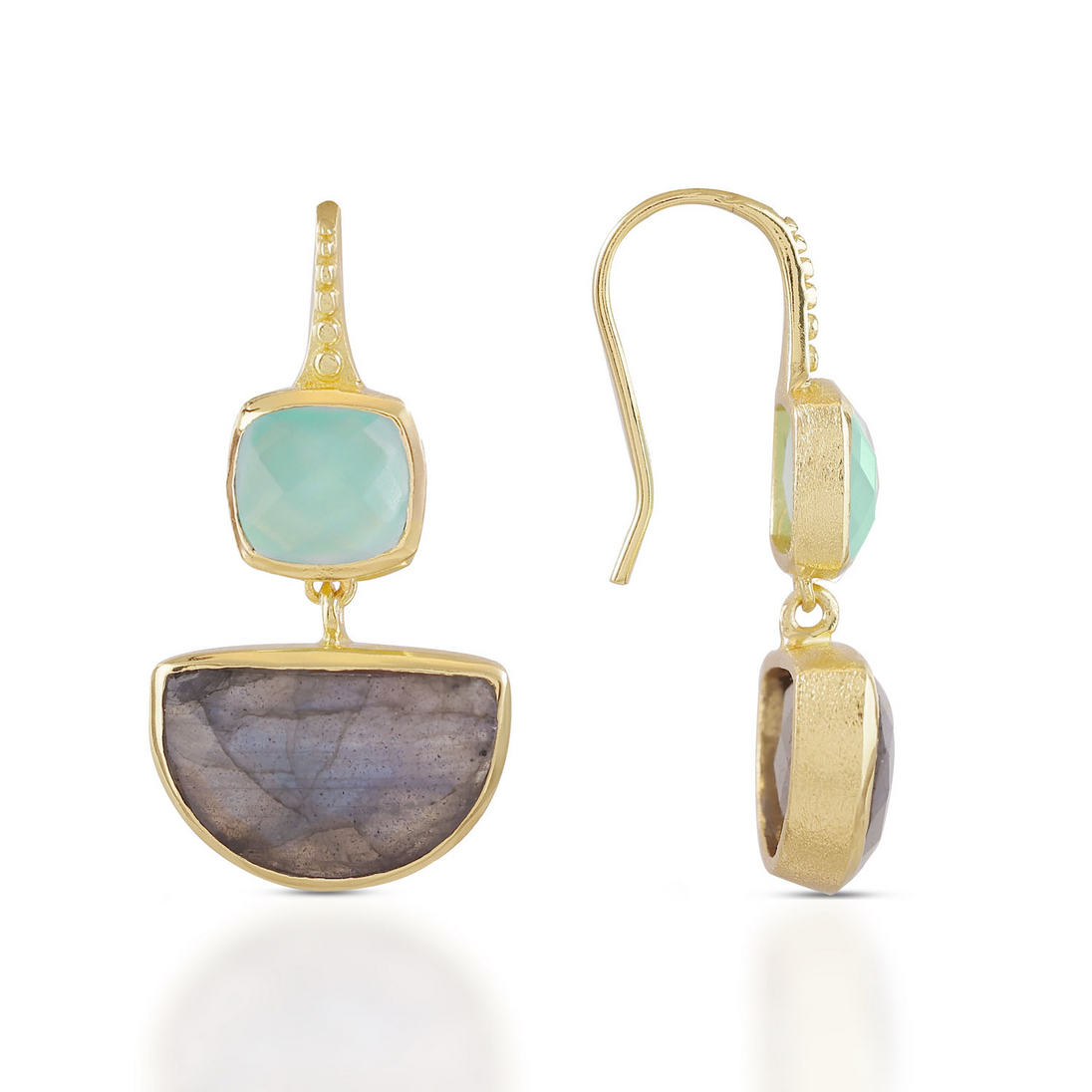 Charis Halfmoon Double Gemstone Earrings Pariba Onyx & Labradorite Azuni London