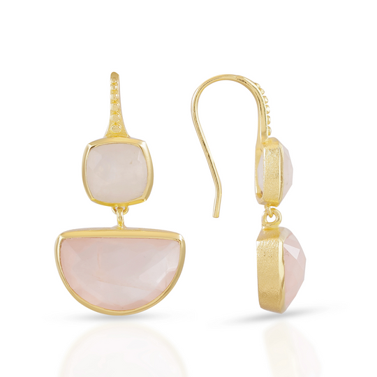 Charis Halfmoon Double Gemstone Earrings | Azuni London 22K Gold | Moonstone Rose Quartz Azuni London