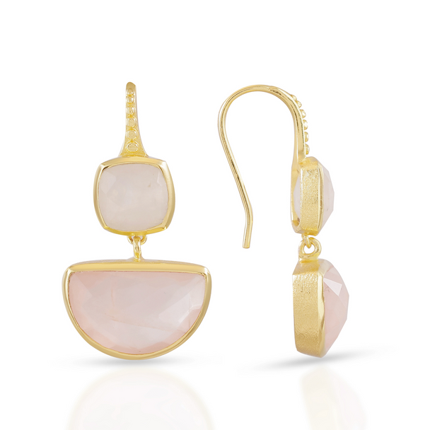 Charis Halfmoon Double Gemstone Earrings | Azuni London 22K Gold | Moonstone Rose Quartz Azuni London