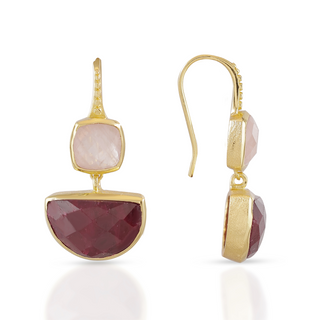 Charis Halfmoon Double Gemstone Earrings Rose Quart & Ruby Azuni London