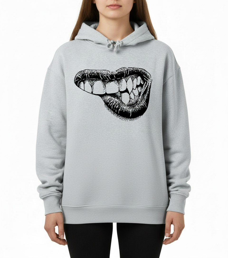 Lippy womens oversized grey boxy hoodie with graphic print and dropped shoulders