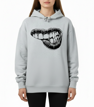 Lippy womens oversized grey boxy hoodie with graphic print and dropped shoulders