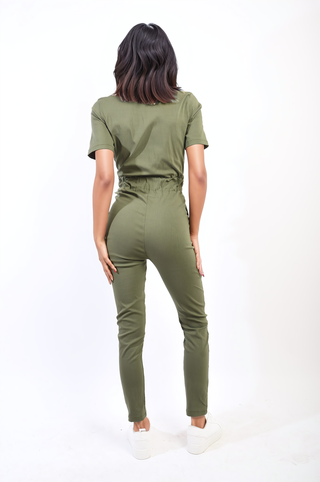 Collared V-Neckline Zip Up with Tie Belt Jumpsuit