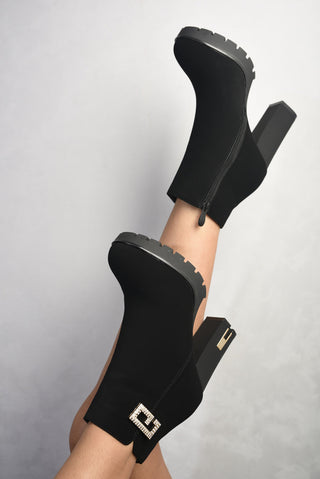 Soft Faux Suede Diamante Detail Chunky Ankle Boots