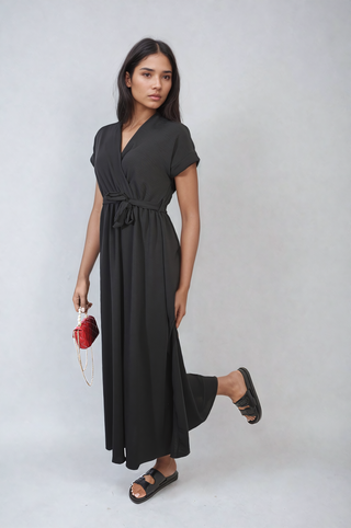 Wrap Tie Waist Short Sleeve Midi Dress