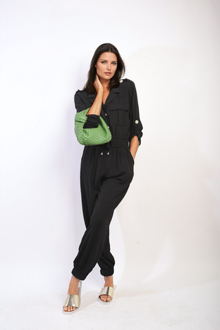 Collar Button-Front Jogger Drawstring Jumpsuit