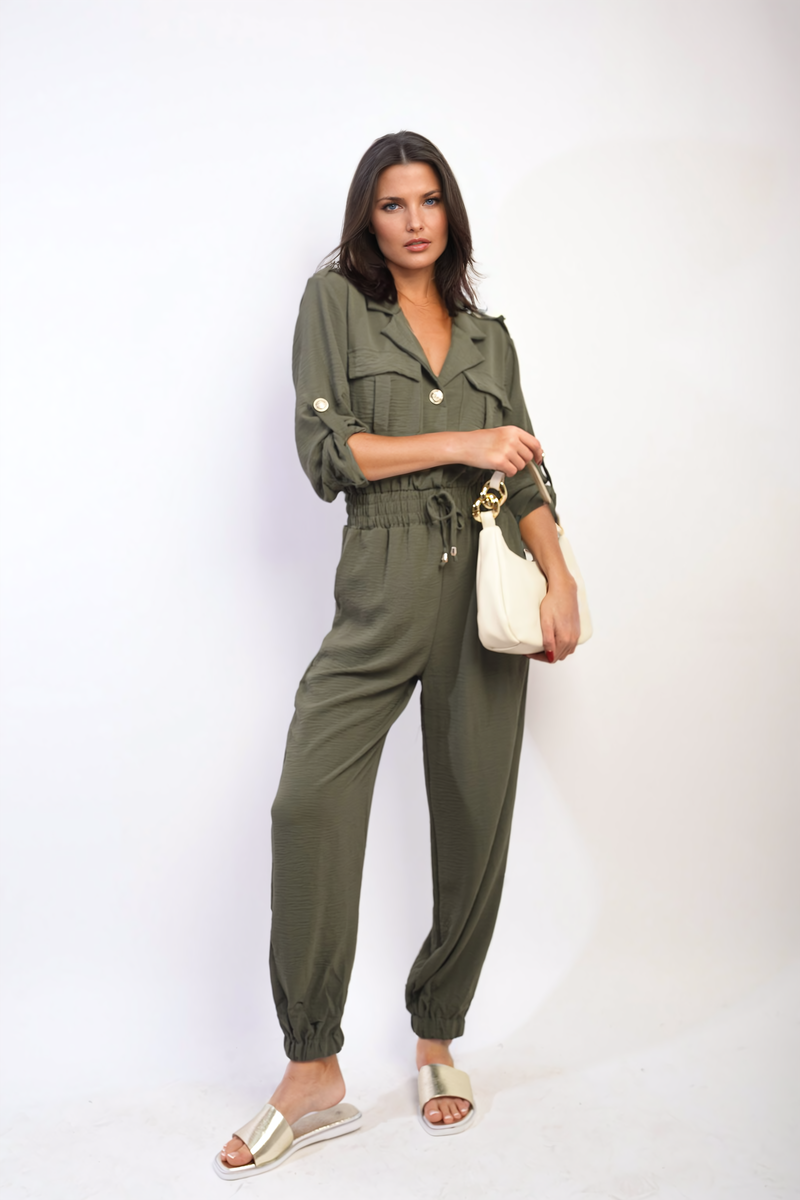 Collar Button-Front Jogger Drawstring Jumpsuit