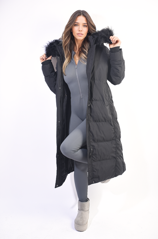 Longline Faux Fur Hooded Puffer Jacket for Women