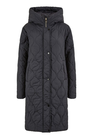 Yumi Black Padded Quilted Long Coat With Zip Detail And Hood Yumi
