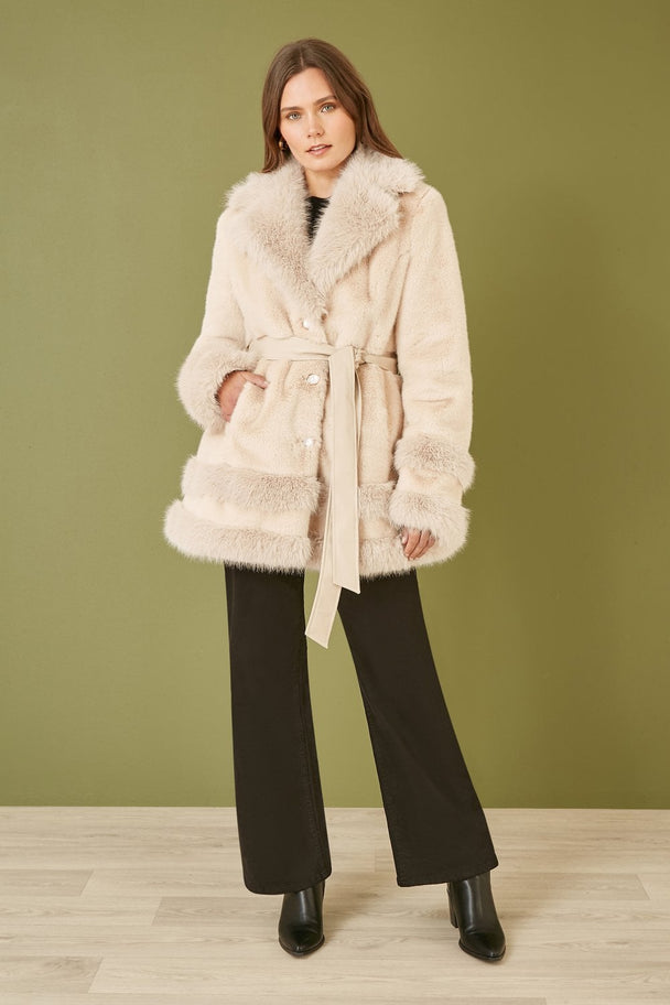 Cream Luxe Faux Fur Swing Coat With Tie Belt Yumi
