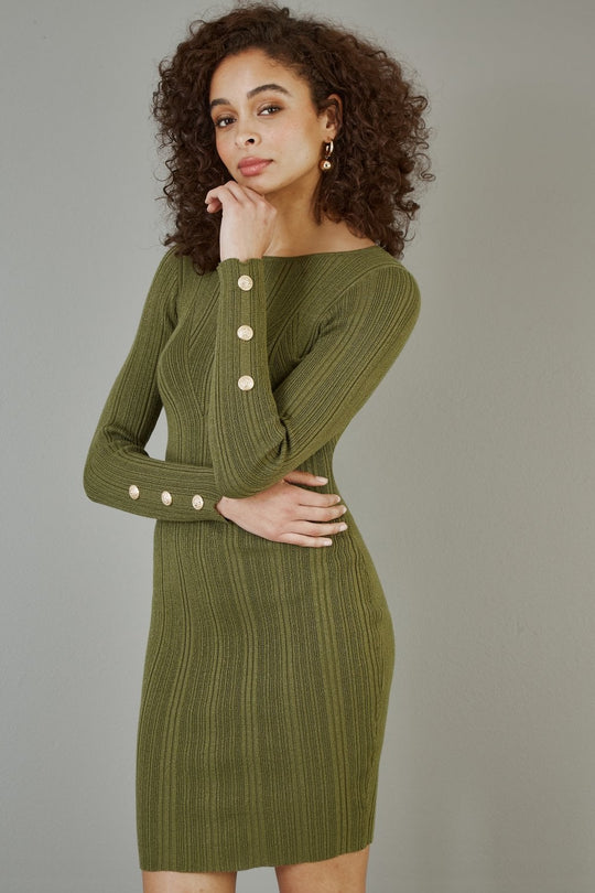 Green Shimmer Fitted Midi Dress With Button Yumi