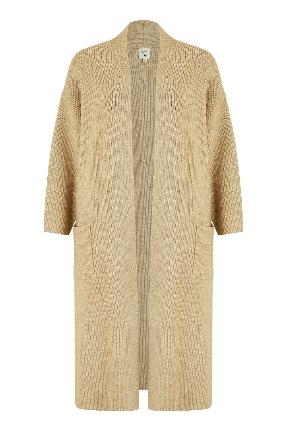 Yumi Oatmeal Knitted Maxi Cardigan With Pockets Yumi